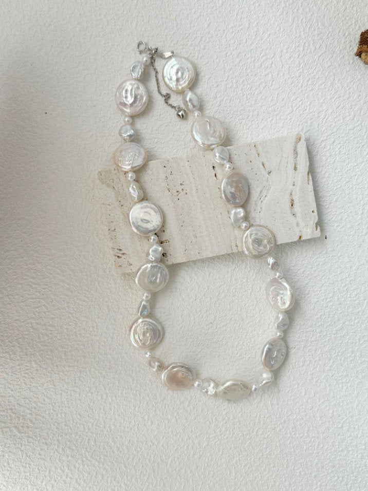 Pearls Aura Sun & Moon Baroque Pearl Necklace – Sterling Silver | Natural Iridescent Flat Coin Pearls (39cm + 5cm Adjustable)