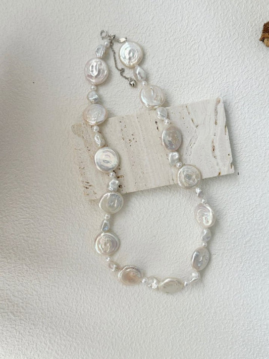 Pearls Aura Sun & Moon Baroque Pearl Necklace – Sterling Silver | Natural Iridescent Flat Coin Pearls (39cm + 5cm Adjustable)