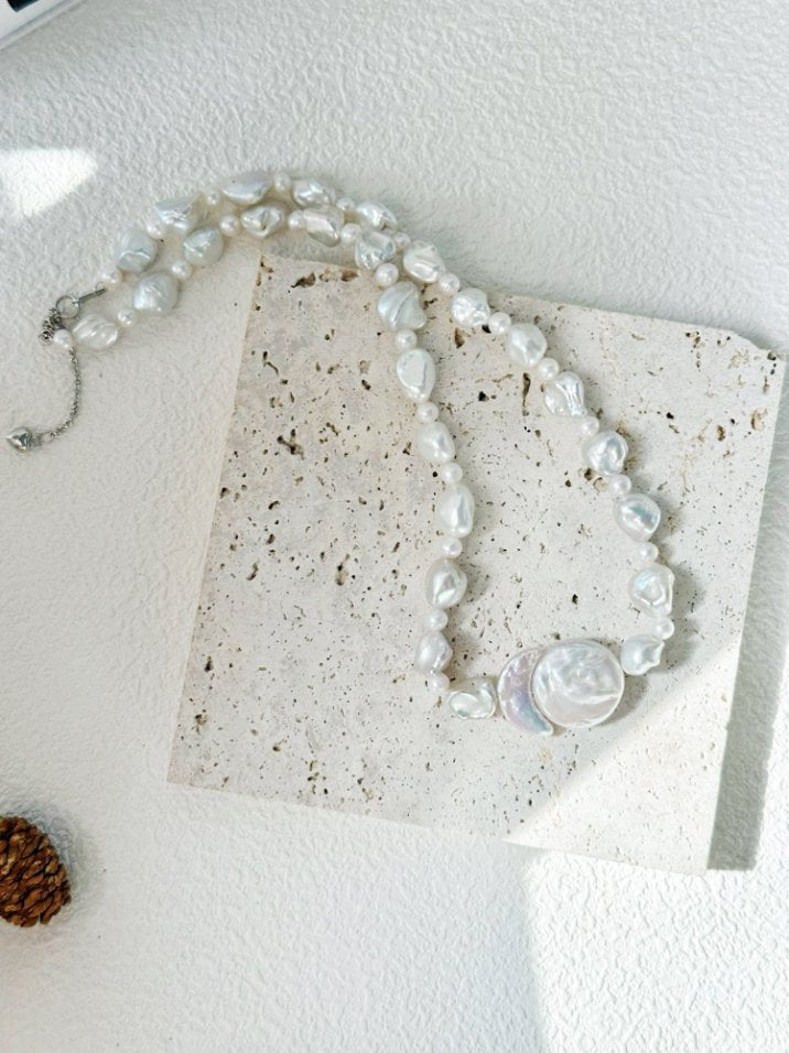 Pearls Aura Sun & Moon Baroque Pearl Necklace – Sterling Silver | 38cm + 5cm Adjustable
