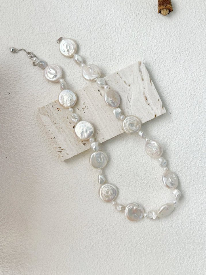 Pearls Aura Sun & Moon Baroque Pearl Necklace – Sterling Silver | Natural Iridescent Flat Coin Pearls (39cm + 5cm Adjustable)