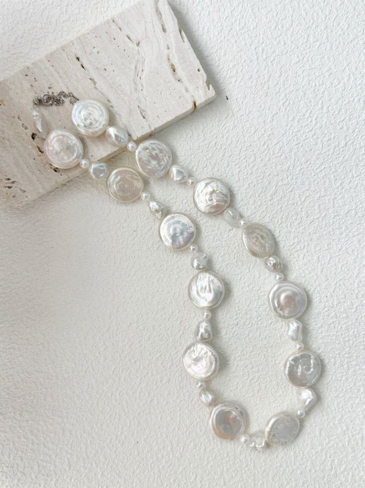 Pearls Aura Sun & Moon Baroque Pearl Necklace – Sterling Silver | Natural Iridescent Flat Coin Pearls (39cm + 5cm Adjustable)