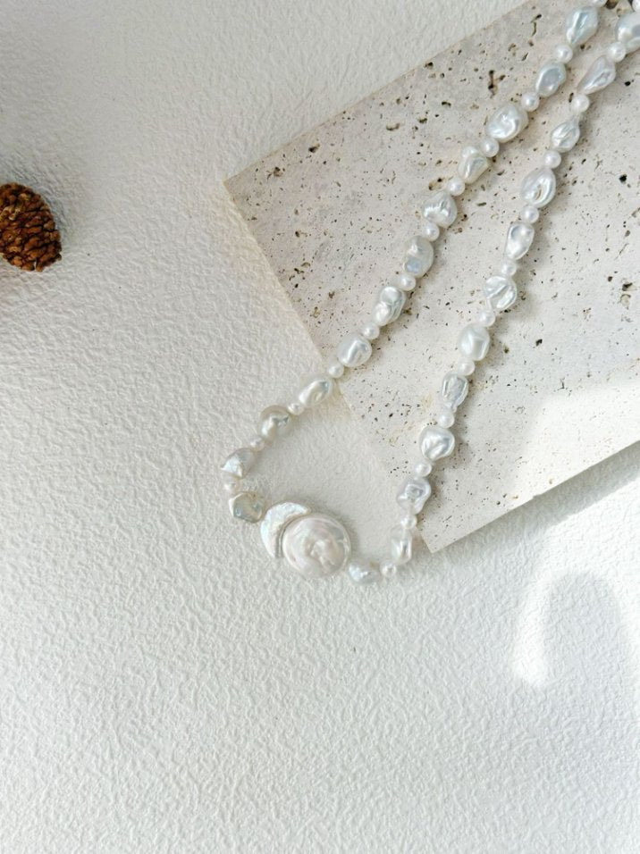 Pearls Aura Sun & Moon Baroque Pearl Necklace – Sterling Silver | 38cm + 5cm Adjustable