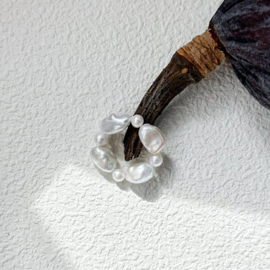 Pearls Aura Sun & Moon Pearl Ring – Natural Baroque & Round Pearls | Elastic Fit | Handmade Elegance
