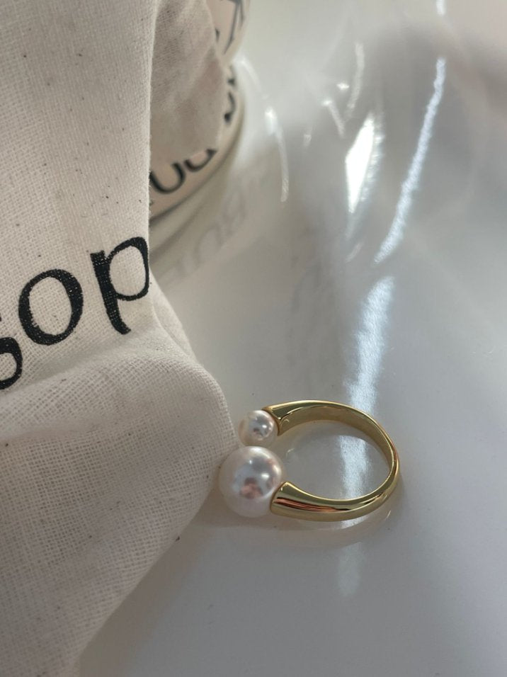 Pearls Aura Swarovski Double Pearl Open Ring – 18K Gold Plated Sterling Silver | Adjustable Statement Ring