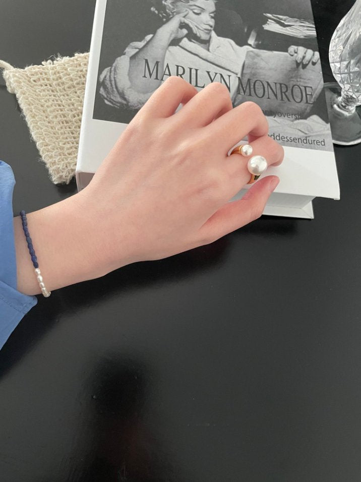 Pearls Aura Swarovski Double Pearl Open Ring – 18K Gold Plated Sterling Silver | Adjustable Statement Ring