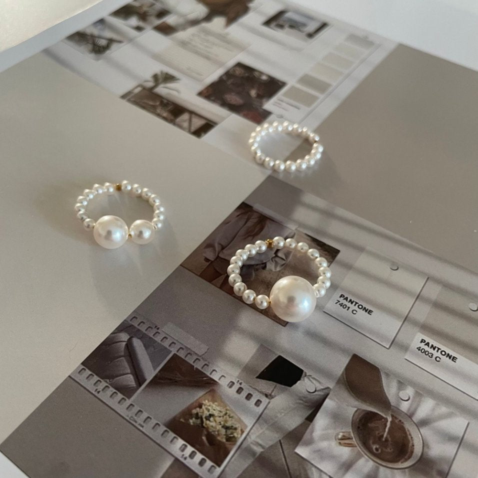 Pearls Aura Swarovski Pearl Ring – Adjustable Elastic Fit | Minimalist Single, Double & Classic Band Designs