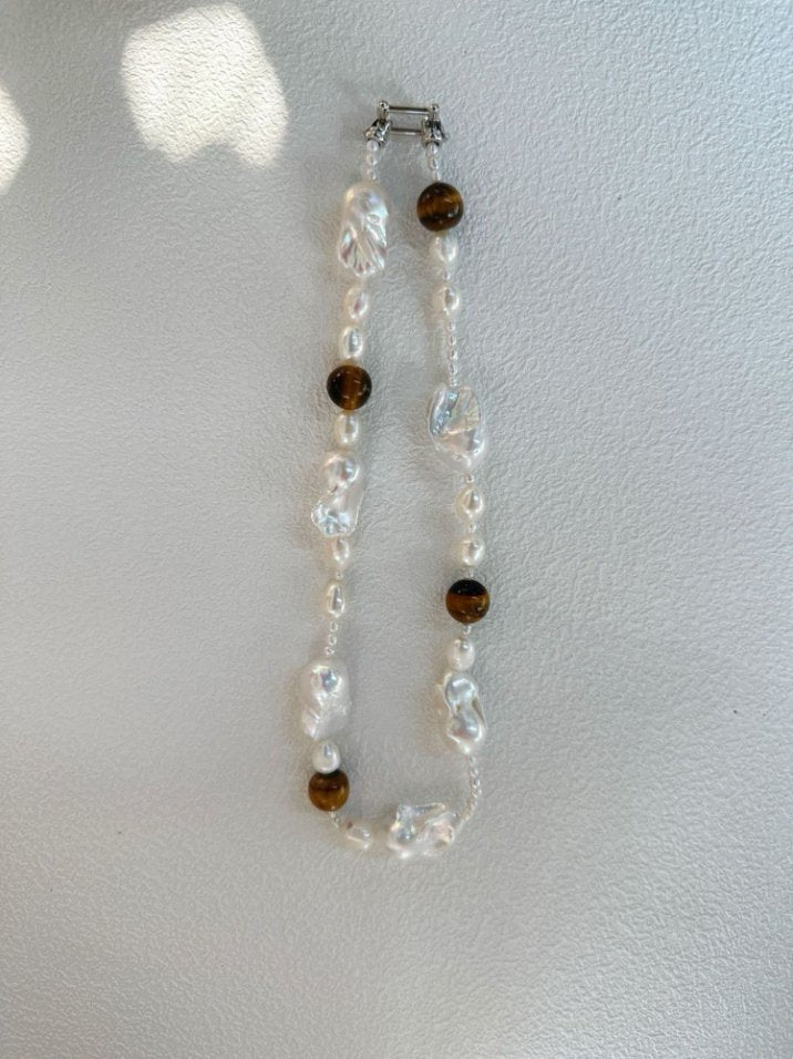 Pearls Aura Tiger Eye & Baroque Pearl Necklace – Sterling Silver | 43cm Handcrafted Statement Piece