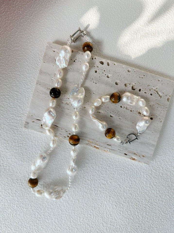 Pearls Aura Tiger Eye & Baroque Pearl Necklace – Sterling Silver | 43cm Handcrafted Statement Piece