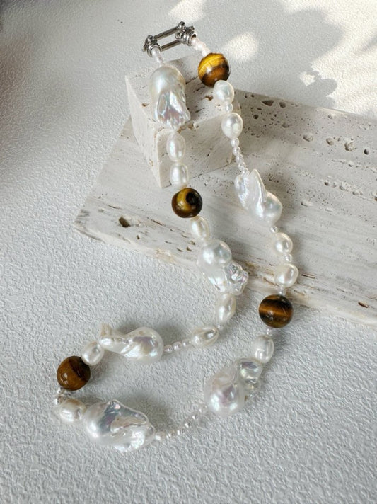 Pearls Aura Tiger Eye & Baroque Pearl Necklace – Sterling Silver | 43cm Handcrafted Statement Piece