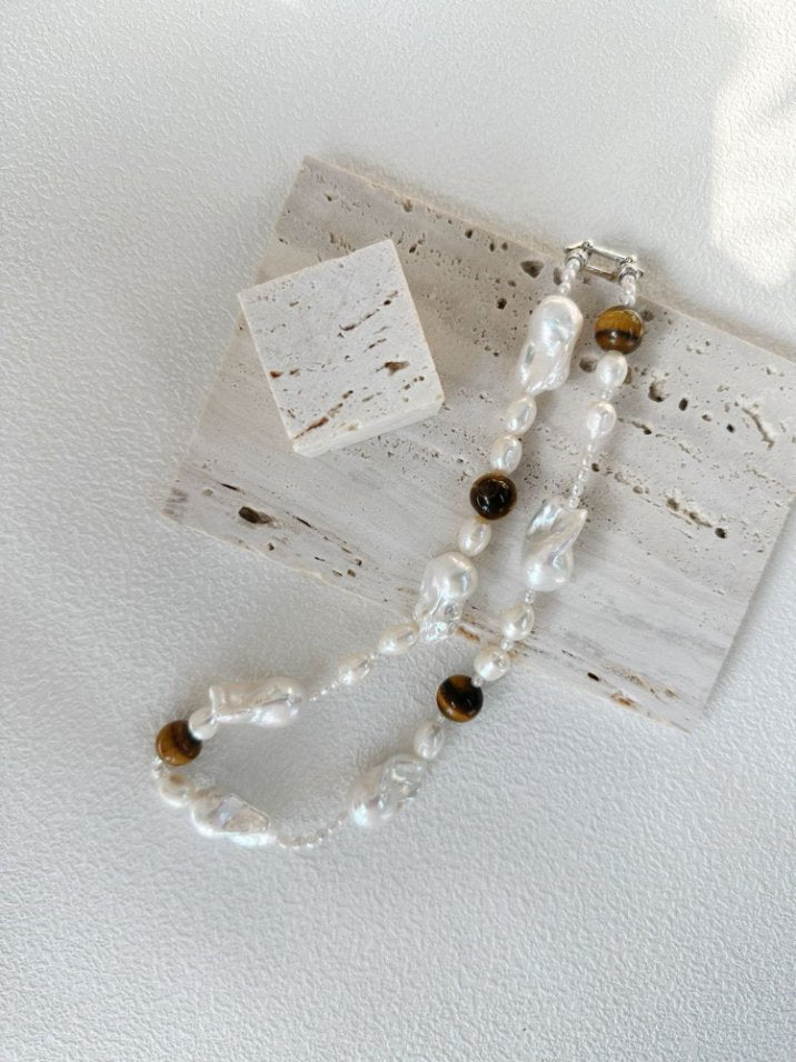 Pearls Aura Tiger Eye & Baroque Pearl Necklace – Sterling Silver | 43cm Handcrafted Statement Piece