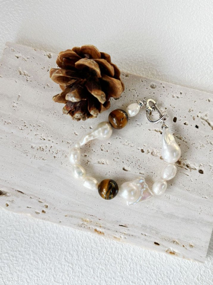Pearls Aura Tiger Eye & Baroque Pearl Bracelet – Sterling Silver | Natural Harmony Collection