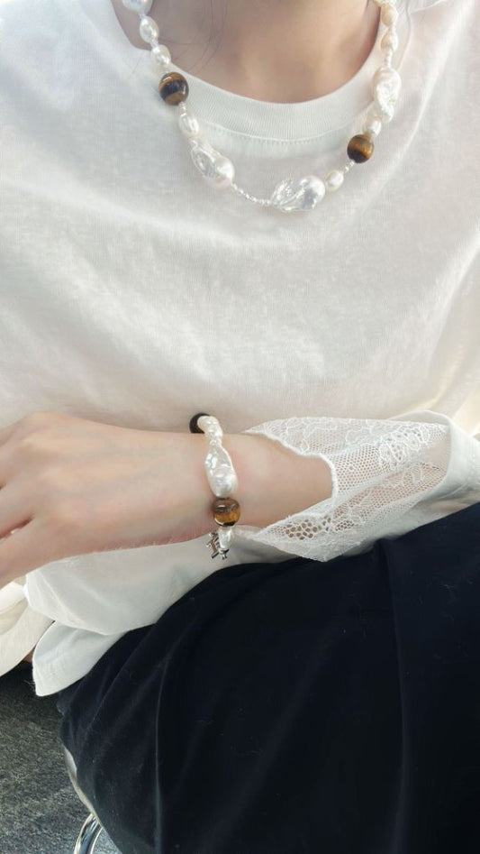 Pearls Aura Tiger Eye & Baroque Pearl Bracelet – Sterling Silver | Natural Harmony Collection